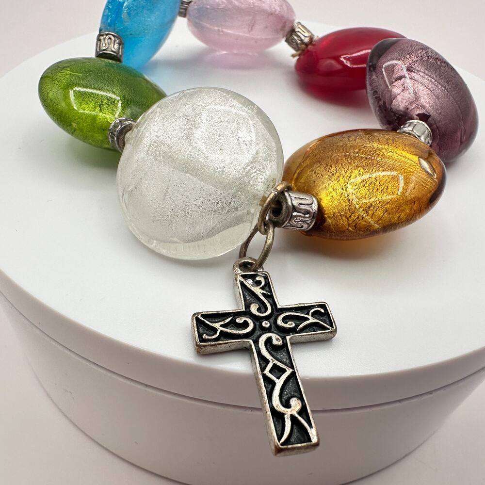 Vintage Y2K Silver Tone Beaded Bracelet Cross Charm Boho Women's Classic Jewelry